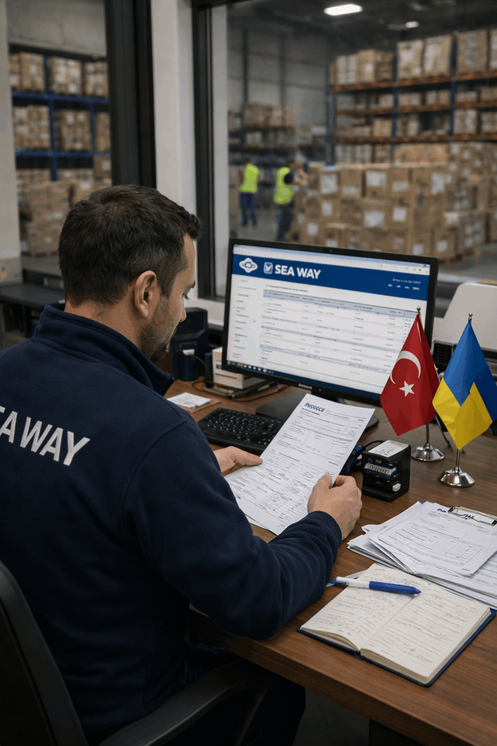 менеджер проверяет документы для доставки груза из Турции в Украину в офисе склада